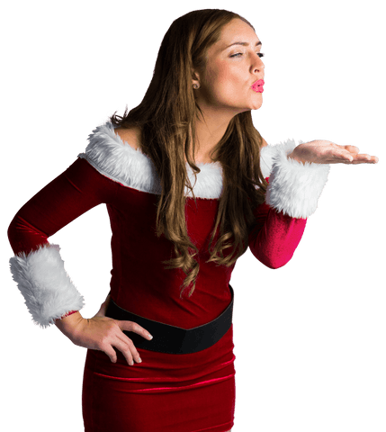 Festive woman in santa outfit blowing kiss transparent background