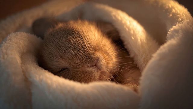 Sleeping baby rabbit nestling in warm cream blanket with soft fur and golden glow