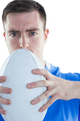 Rugby player holding ball close up on transparent background