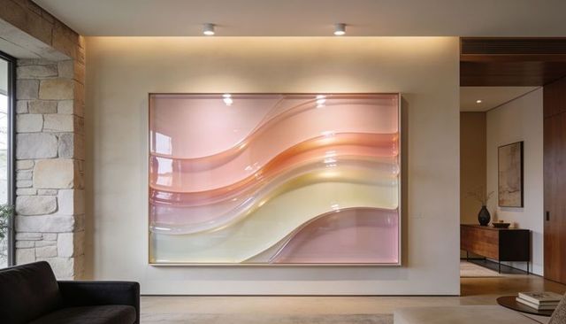 Framed glossy pastel wave art panel on plaster wall with ambient spotlights