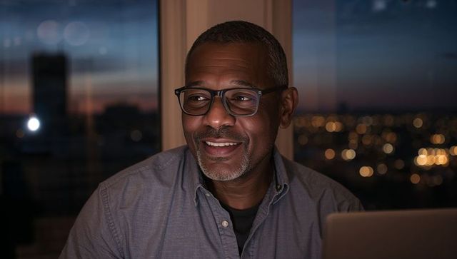 Smiling mature man working on laptop at dusk with city lights bokeh and window view