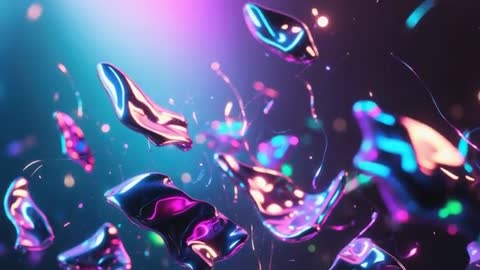 Futuristic Floating Metallic Fragments in Neon Digital Concept
