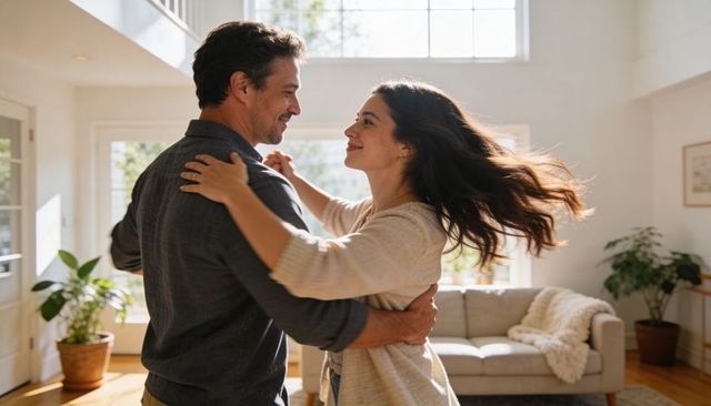 Couple dancing in sunlit living room embracing and turning, cozy warm home romance