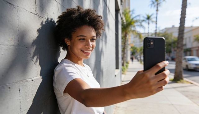 Smiling woman leaning against urban wall taking selfie with smartphone on sunny sidewalk