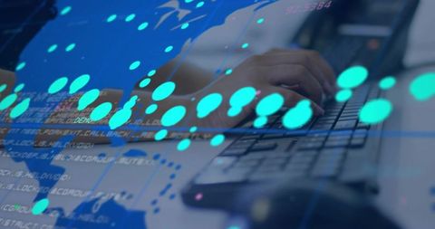 Female hands typing keyboard with cybersecurity data overlay and interactive network map