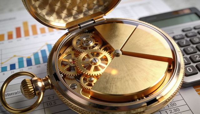 Antique gold pocket watch revealing brass gears on financial charts and calculator