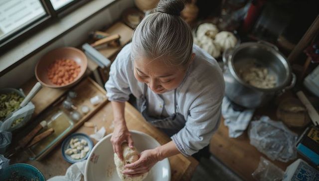 Senior Asian woman shaping dough in sunlit home kitchen kneading traditional bread