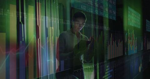 Innovation technology professional analyzing data with digital panels