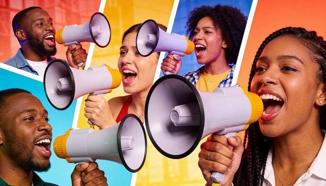 Diverse adults shouting through megaphones in colorful diagonal collage for advocacy