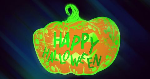 Glowing green and orange pumpkin with happy halloween text