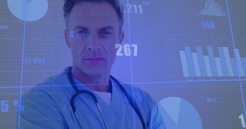 Physician reviewing healthcare data dashboard with stethoscope and charts