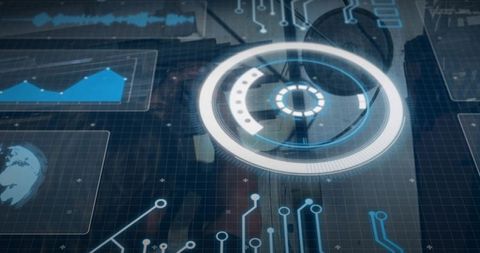 Futuristic holographic HUD projecting over glass tabletop with suit-jacketed man analyzing data