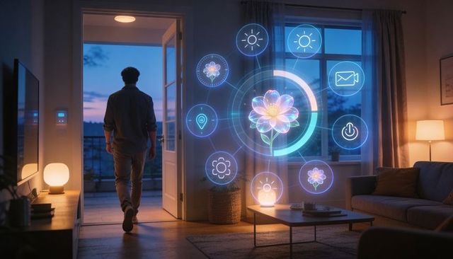 Silhouette man entering smart living room with ar holographic flower control panel at dusk