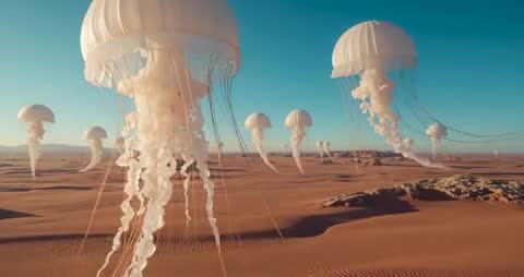 Futuristic Jellyfish Hovering Over Desert Dunes at Dawn