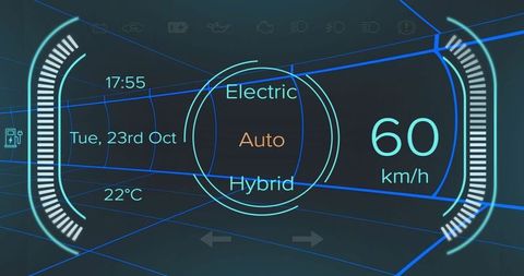 Futuristic vehicle dashboard showing hybrid driving mode