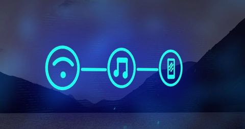 Abstract digital icons overlay peaceful scenic landscape