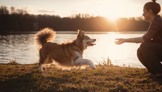 Fluffy dog leaping to woman at lakeside sunset — joyful play and outdoor companionship