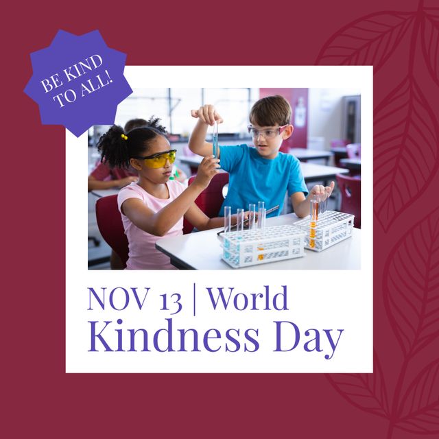 Composition of happy world kindness day text and photo of diverse school children in laboratory. World kindness day concept.