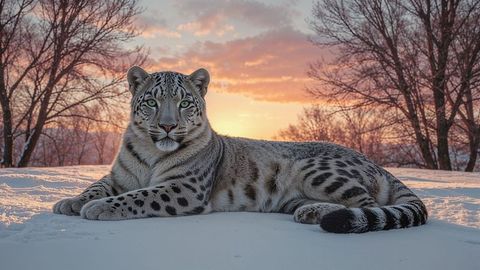 Snow Leopard at Sunset in Snowy Wilderness