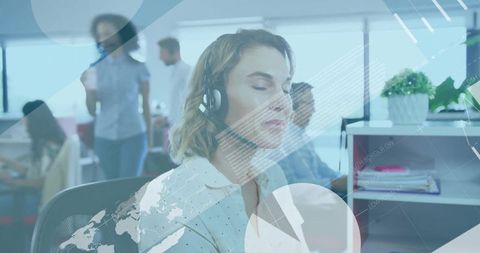 Support agent listening with headset in modern open-plan office with data overlay