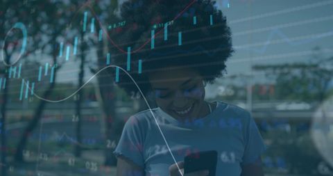 Smiling Woman with Economic Data Overlays on Smartphone Screen Outdoors - Download Free Stock Images Pikwizard.com