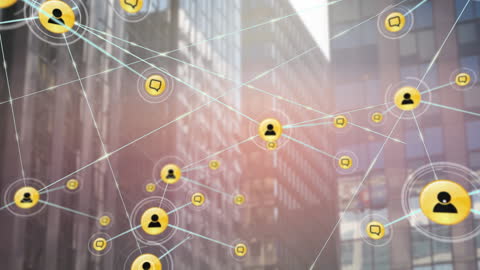 Digital Network Icons Overlaying City Skyscrapers