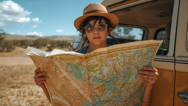 Teen Traveler Consulting Road Map Beside Vintage Yellow Van on Sunlit Arid Country Roadtrip