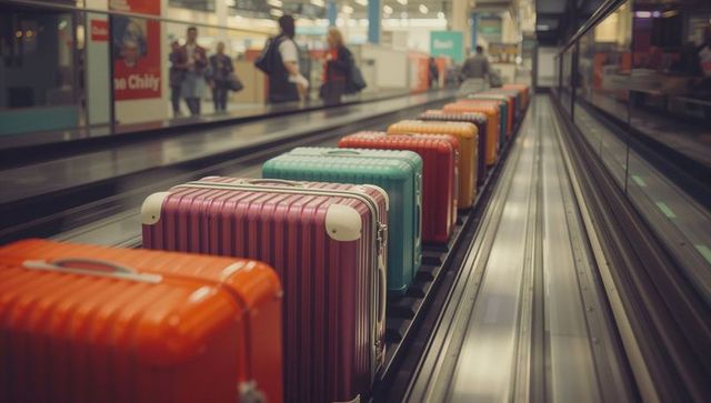 Bright Luggage on Airport Moving Walkway in Busy Terminal