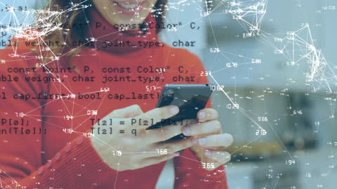 Woman Using Smartphone with Code Overlay Symbolizing Technology and Data