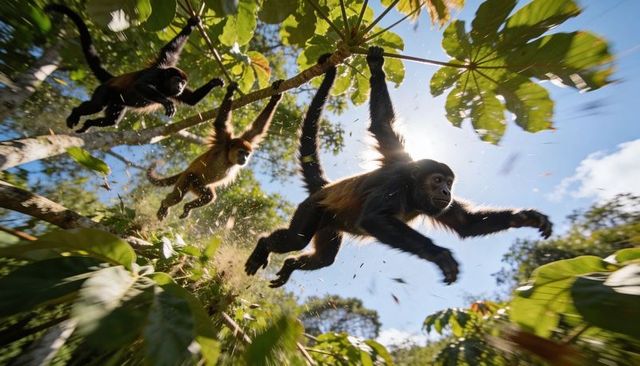 Spider monkey trio brachiating through rainforest canopy with sun flare and flying leaves