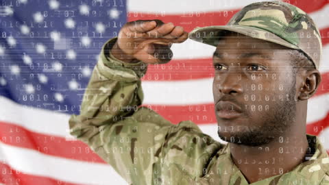 Soldier Saluting with USA Flag and Binary Code Overlay