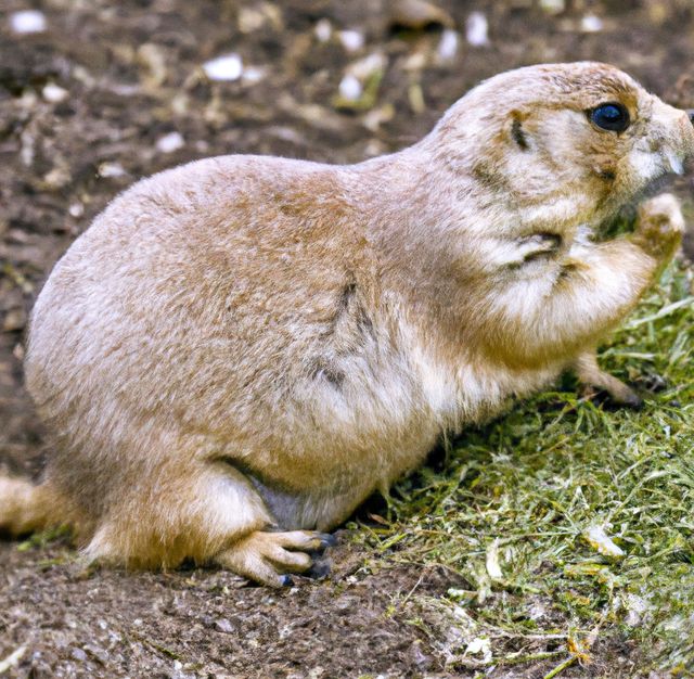 Prairie dog seen from the side eating grasses in natural outdoor environment. Suitable for use in wildlife documentaries, educational materials, nature websites, or articles focused on animal behavior.