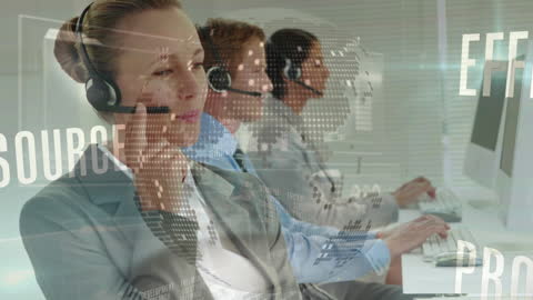 Customer Support Team Engaging Clients in Modern Office with Digital Overlay