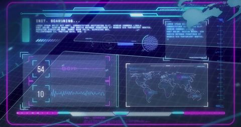 Holographic hud displaying futuristic neon cyan magenta interface with world map waveform readouts