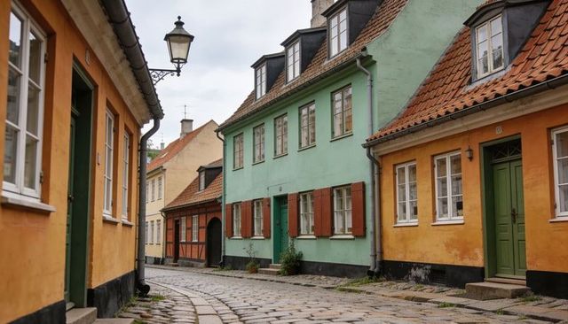Pastel townhouses along curved cobblestone lane with centered pale green house and lantern