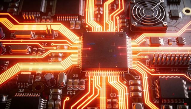 Glowing orange pcb traces routing high-speed data to central microprocessor with heatsink