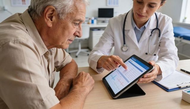 Female doctor showing ecg on tablet to senior patient during cardiology consultation