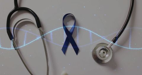 Blue Awareness Ribbon with Stethoscope and DNA Overlay