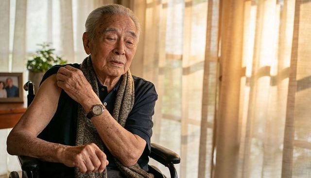 Senior man in wheelchair rolling up sleeve by gentle sunlit window wearing scarf and watch