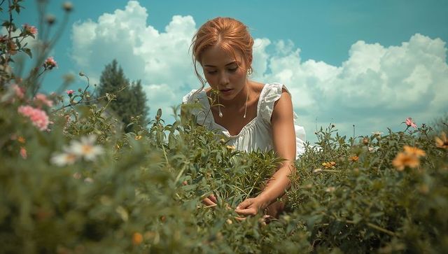 Woman in Floral Garden Crouching in Summer Landscape