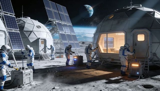 Lunar Base Crew Connecting Power Units at Moon Habitat with Solar Panels and Domes