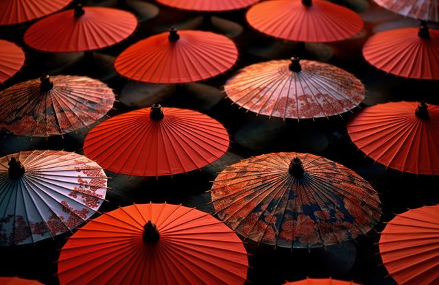 Red and patterned chinese umbrellas on dark background, created using generative ai technology. Protection, weather, decoration and chinese culture concept digitally generated image.