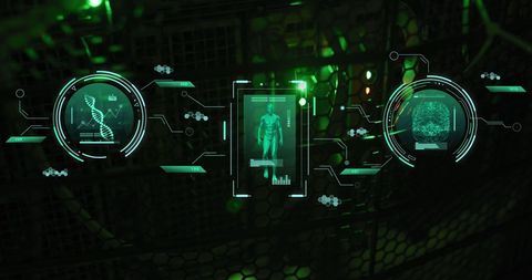 digital interface with human dna data processing in server room - Download Free Stock Images Pikwizard.com