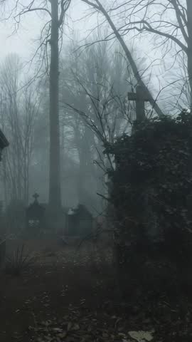 Vertical moody video panning through foggy gothic cemetery and ivy-clad mausoleum