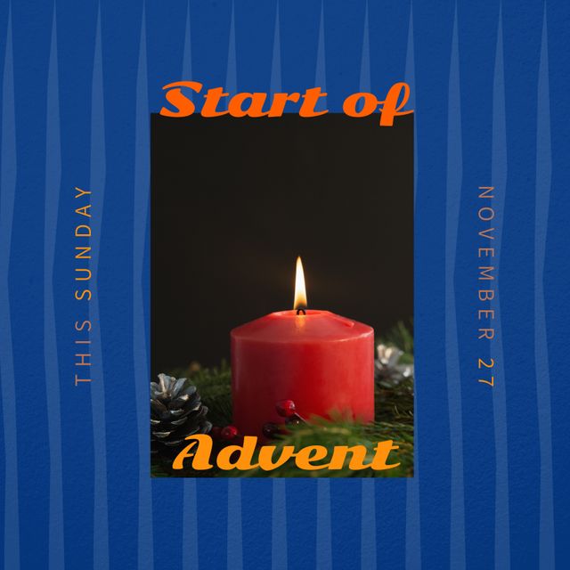 Composite of this sunday, start of advent, november 27 text with lit red candle and wreath. Copy space, striped, christianity, candlelight, nativity, christmas, celebration, tradition and holiday.