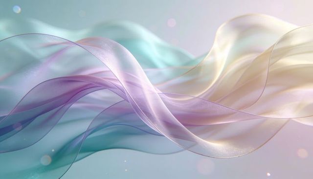 Ethereal flowing silk ribbons in pastel lavender mint teal with soft bokeh glow, abstract