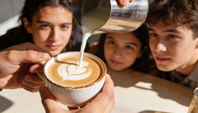 Barista pouring heart latte art in sunlit cafe with teens watching