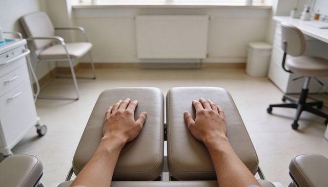 Patient hands resting on padded armrests in clinical exam chair, first-person view