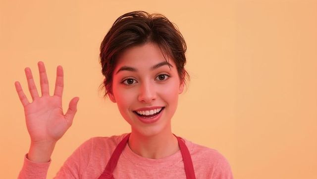 Smiling woman waving in peach backdrop wearing red apron and pink shirt closeup portrait