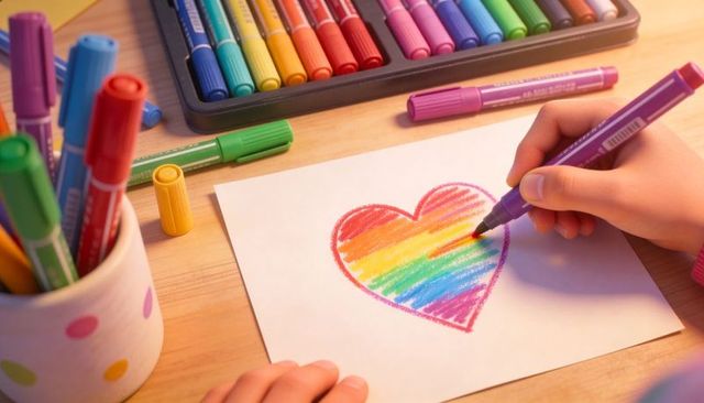 Child coloring rainbow heart with markers on wooden table, creating bright craft artwork